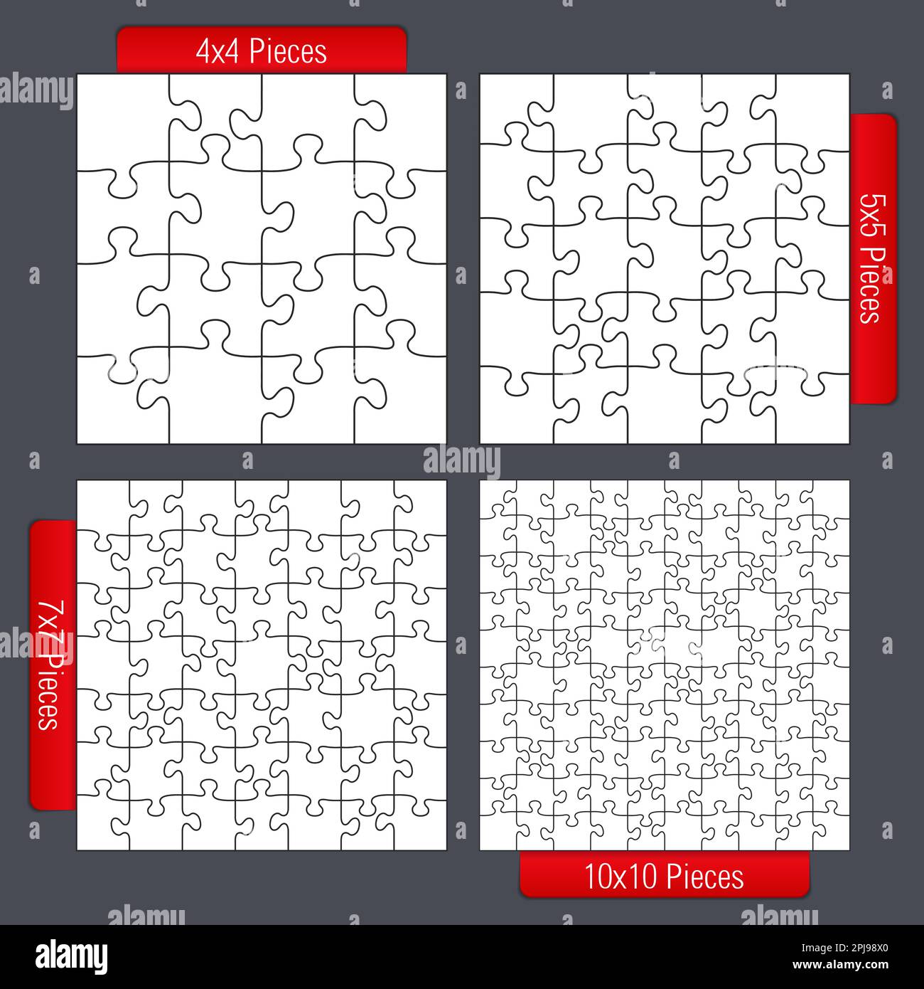 Jigsaw puzzle templates set, four different sizes, 4x4, 5z5, 7x7 and