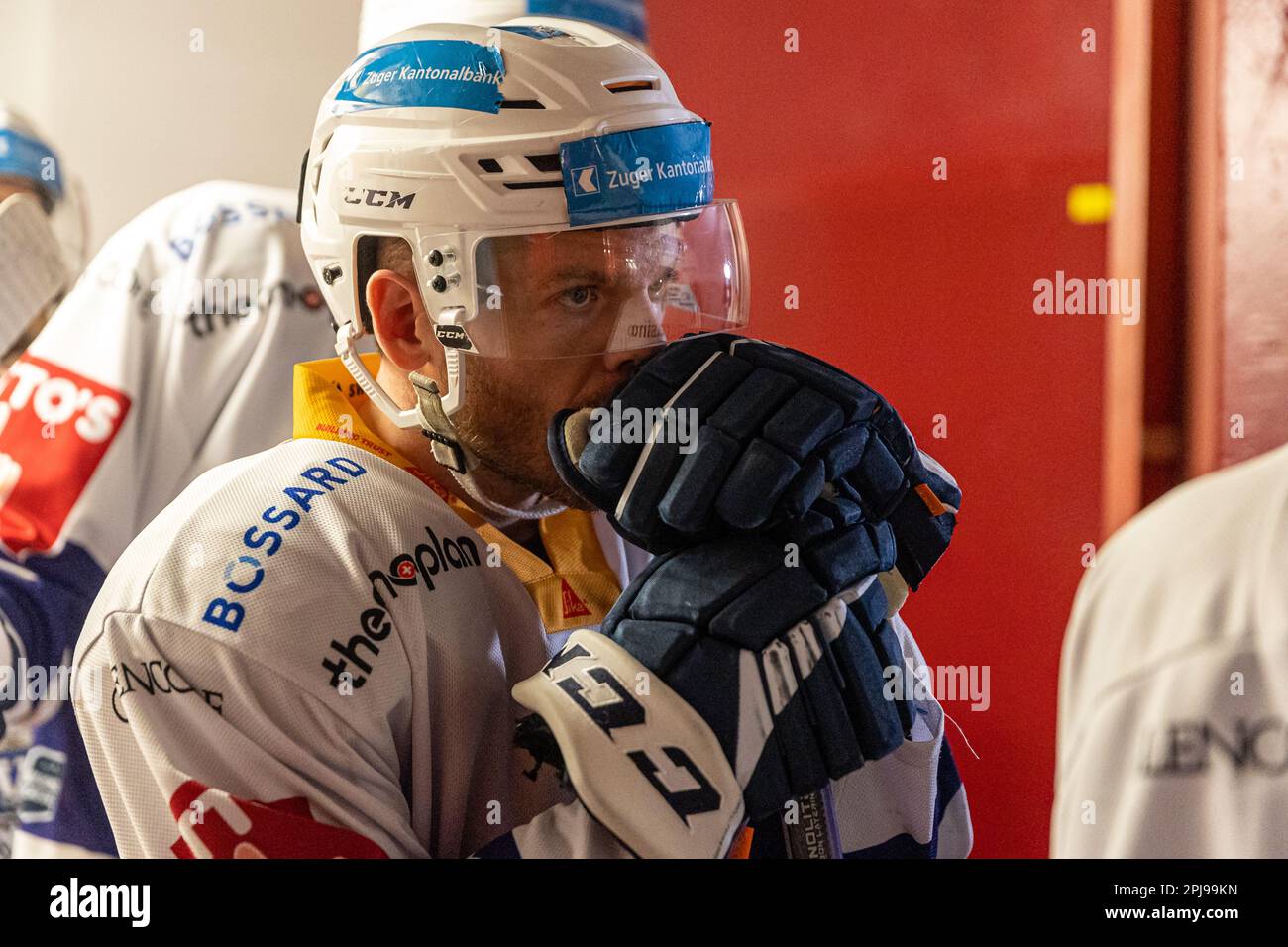 Brian ONeill #9 (EV Zug) before the National League Playoff semi-final ice hockey game 1 between Geneve-Servette HC and EV Zug on March 31, 2023 at Les Vernets in Geneva