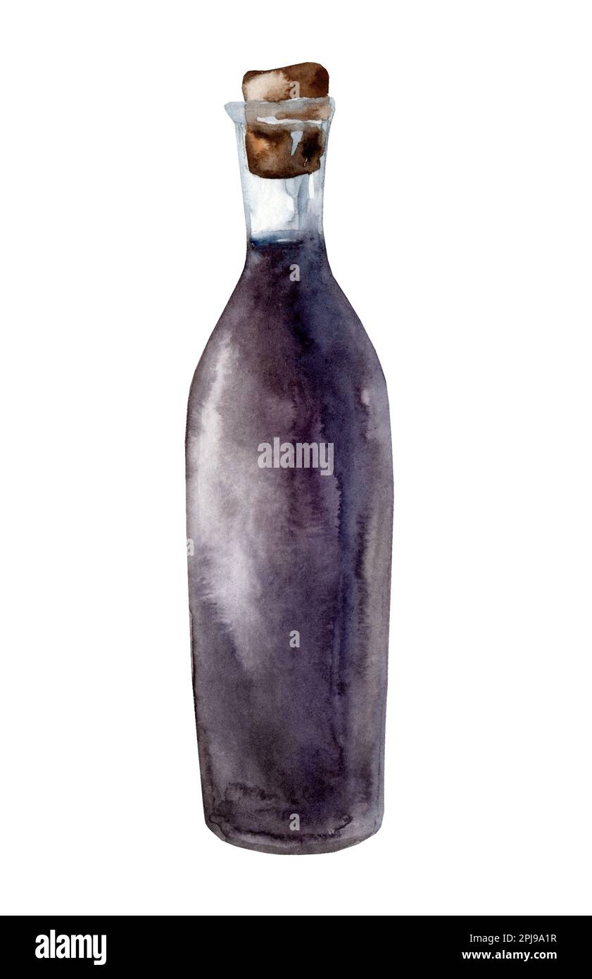 jar of balsamic vinegar. Watercolor hand drawn illustration isolated on