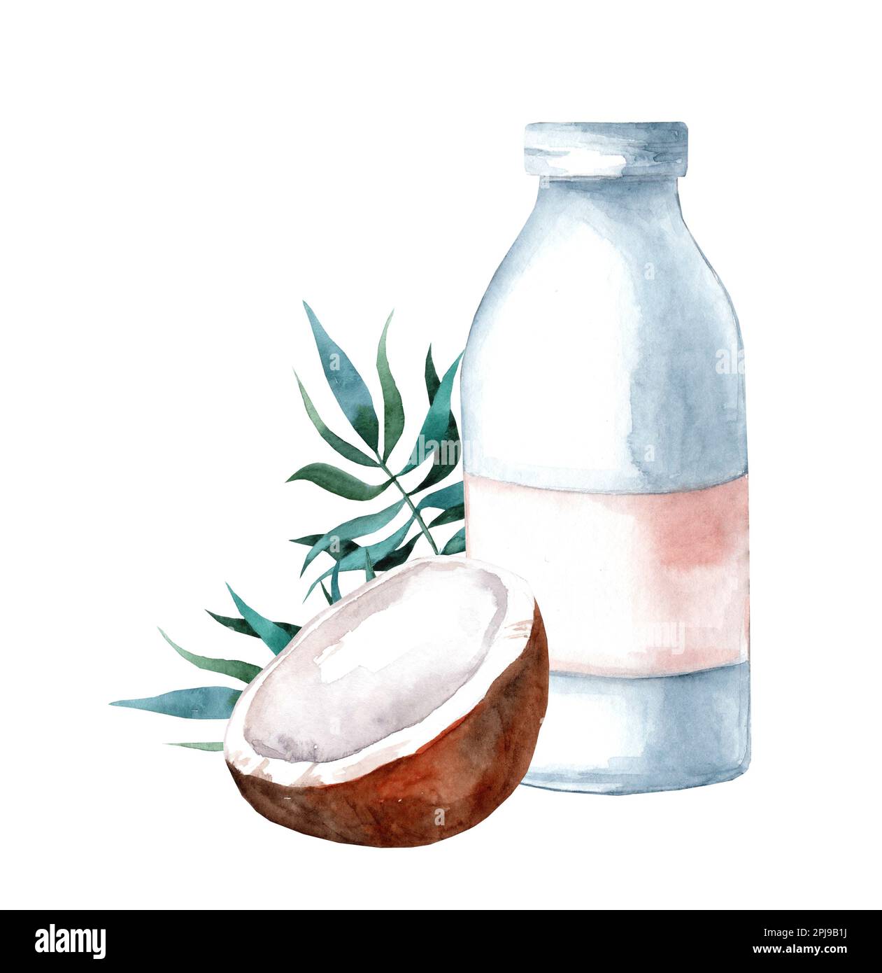 Coconut milk in a bottle in a composition with an open coconut with white flesh. Watercolor