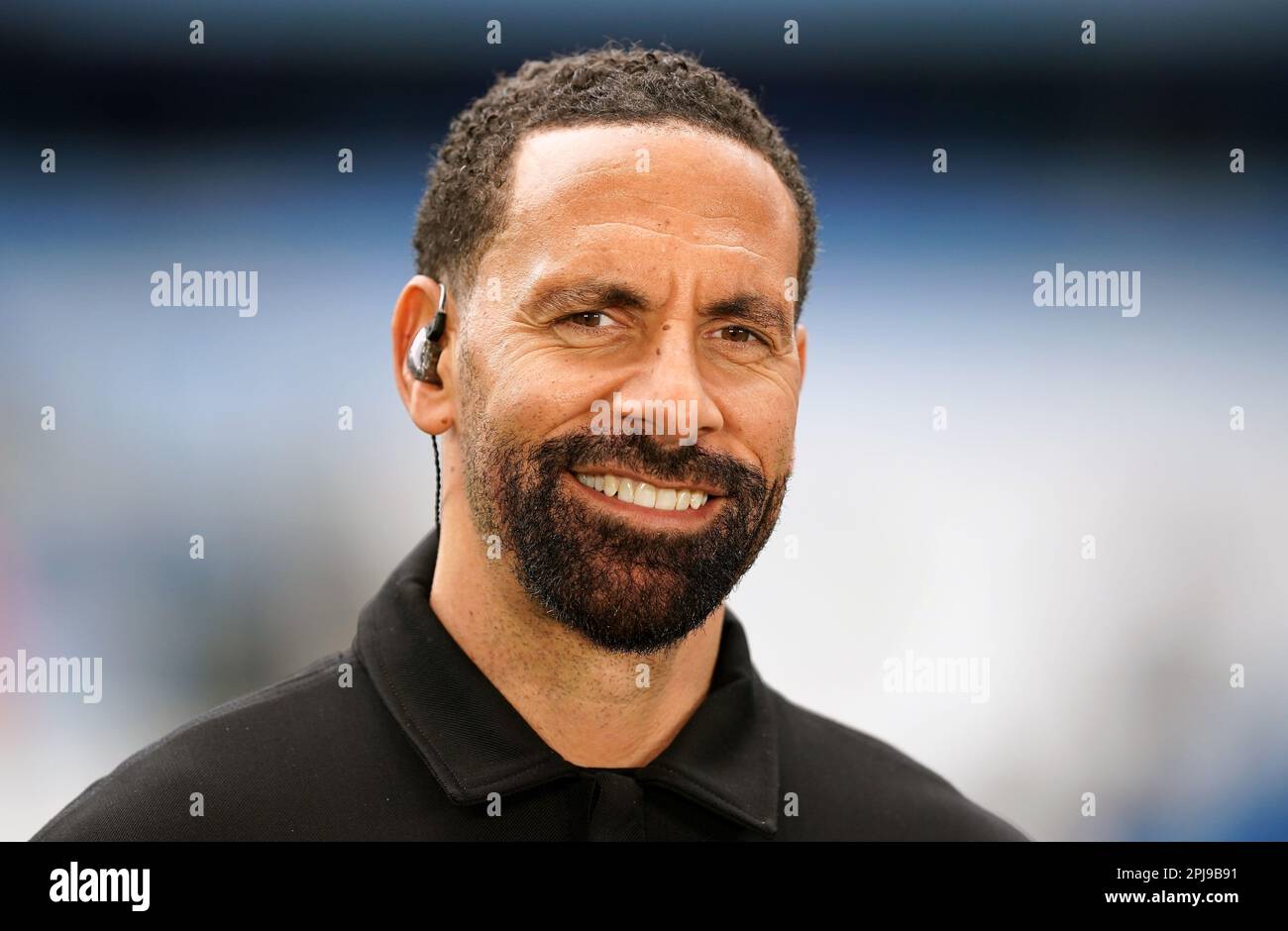 Match pundit Rio Ferdinand working for BT Sport during the Premier
