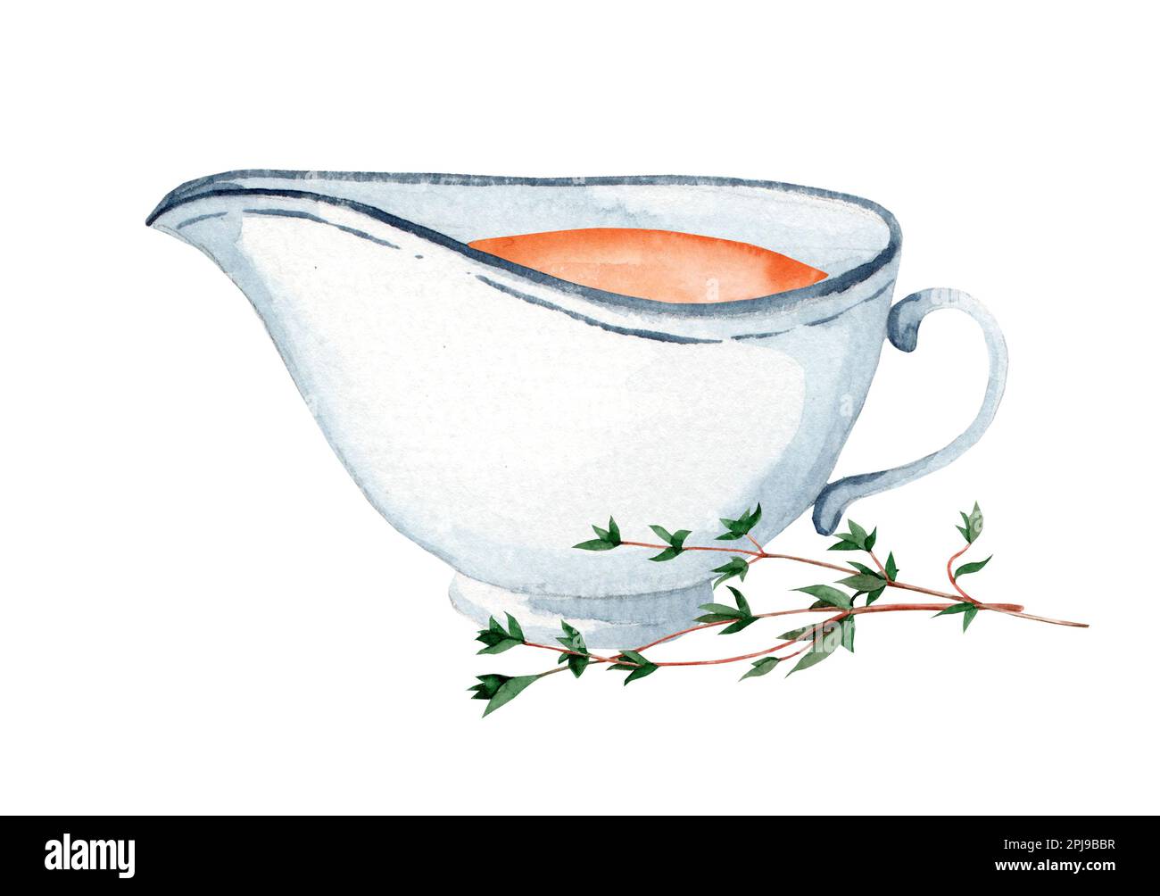 https://c8.alamy.com/comp/2PJ9BBR/rustic-white-ceramic-vintage-gravy-boat-sauce-with-thyme-watercolor-hand-drawn-illustration-2PJ9BBR.jpg