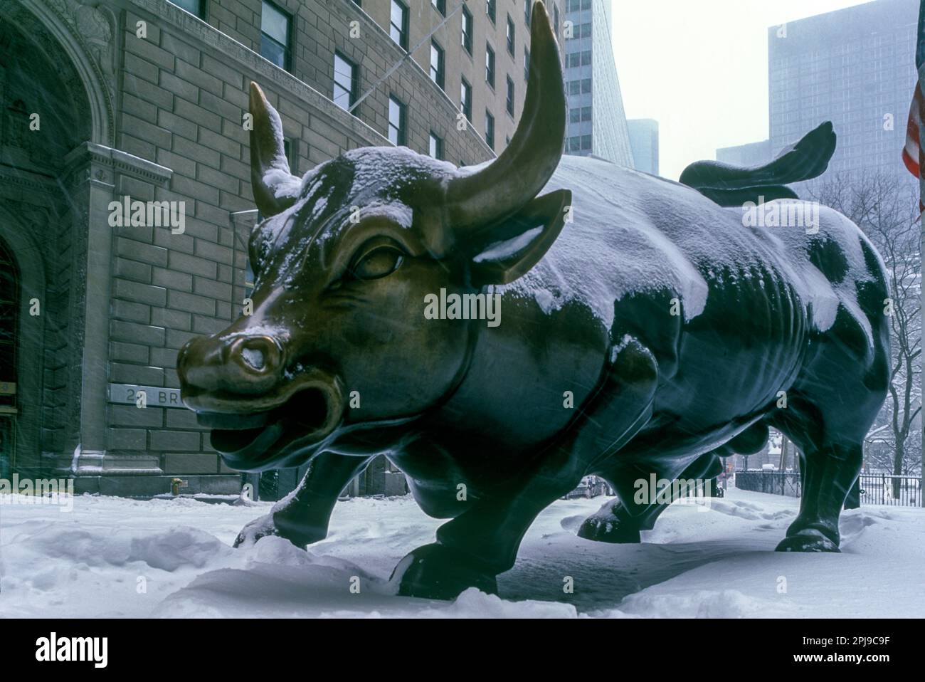 2006 HISTORICAL SNOW COVERED CHARGING BULL STATUE (©ARTURO DI MODICA 1989) BROADWAY FINANCIAL DISTRICT MANHATTAN NEW YORK CITY USA Stock Photo