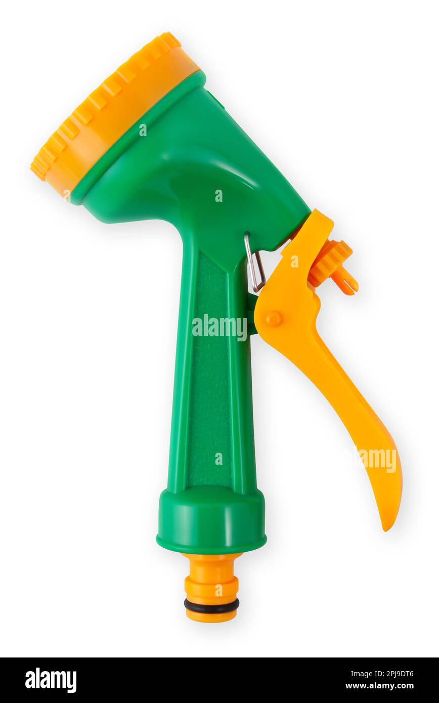 Garden Hose Pipe Spray Gun, green and orange color, top view isolated on white background with