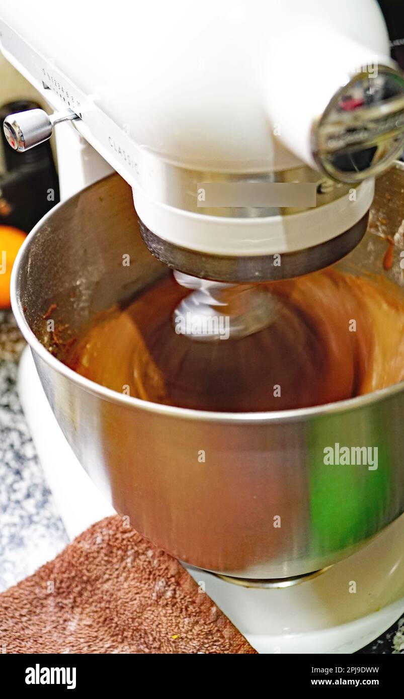 Blender with ingredient for chocolate cake Stock Photo Alamy