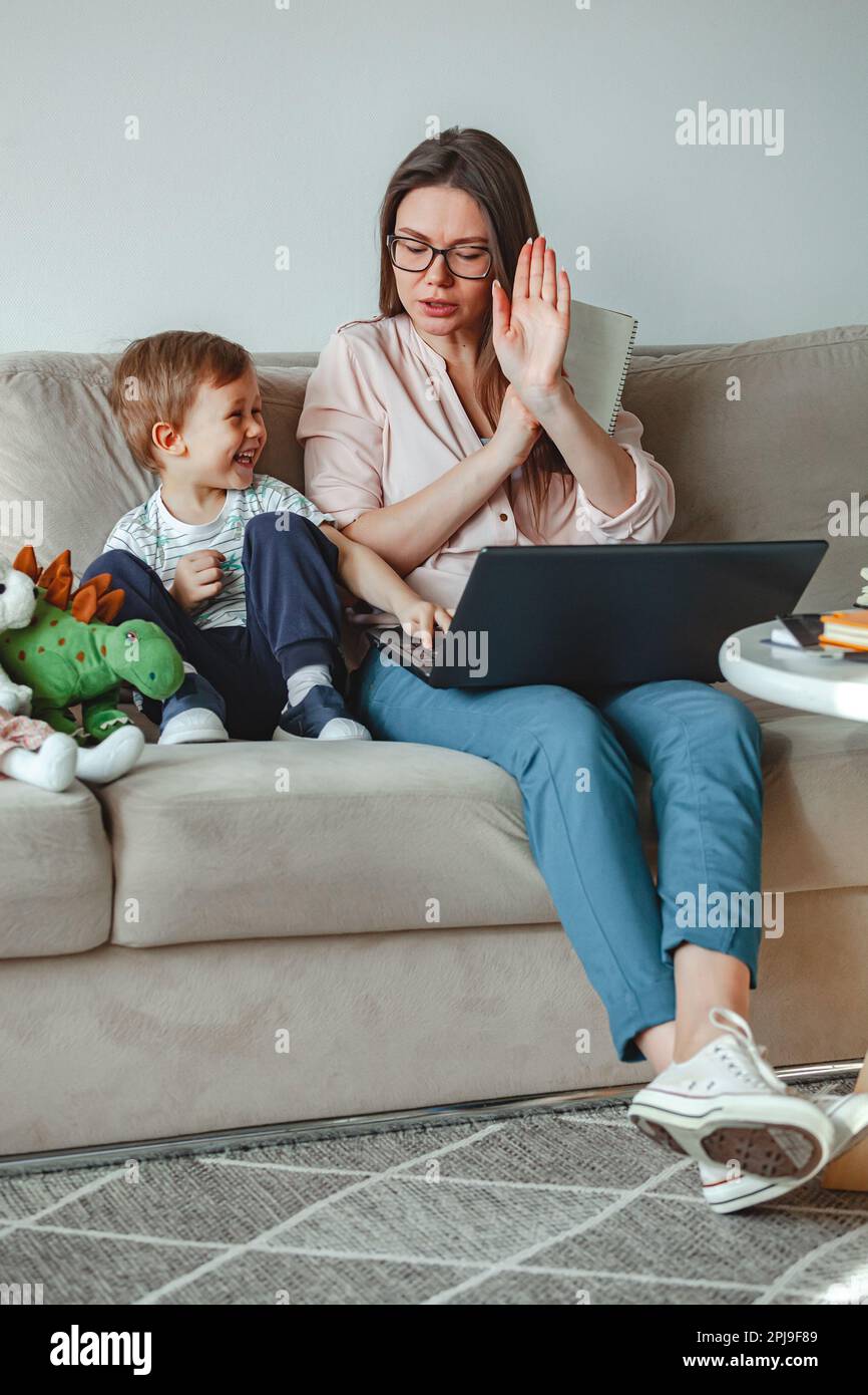 Concept work at home and home family education, mother swears an Stock