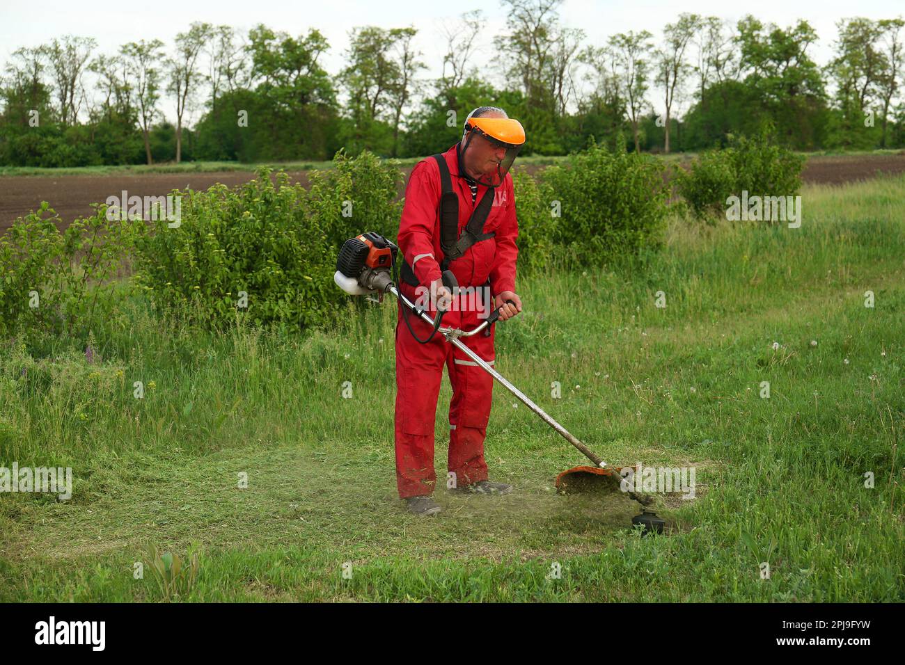 Worker cutting grass with string trimmer outdoors Stock Photo Alamy