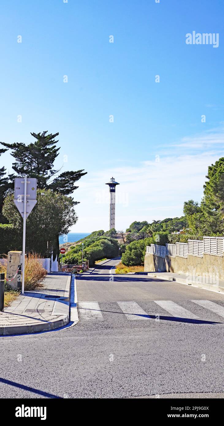 Harbour, beach and lighthouse of Torredembarra, Tarragona, Catalunya, Spain, Europe Stock Photo