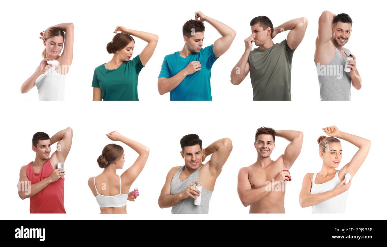 Collage with photos of people applying deodorants to armpits and with