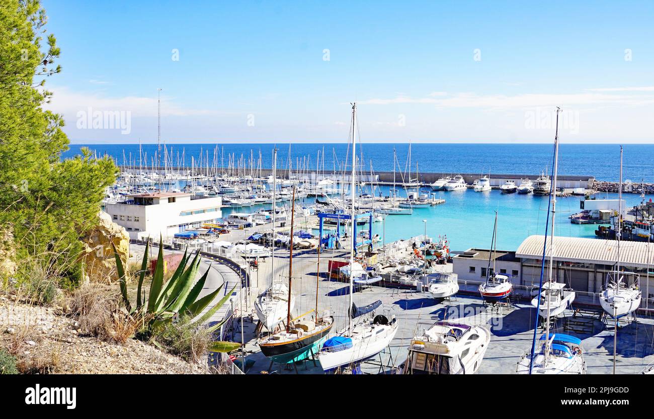 Harbour, beach and lighthouse of Torredembarra, Tarragona, Catalunya, Spain, Europe Stock Photo
