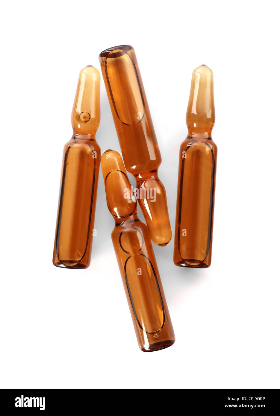 Glass ampoules with pharmaceutical product on white background, top