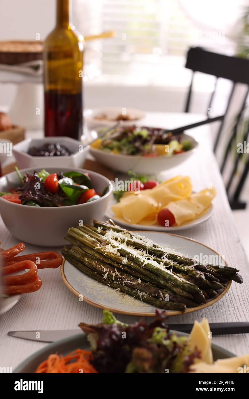 Many different dishes served on buffet table for brunch Stock Photo