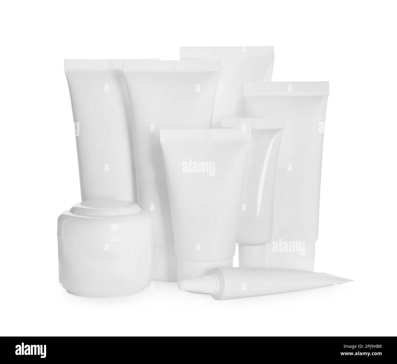 Blank tubes and jars of cosmetic products on white background Stock ...