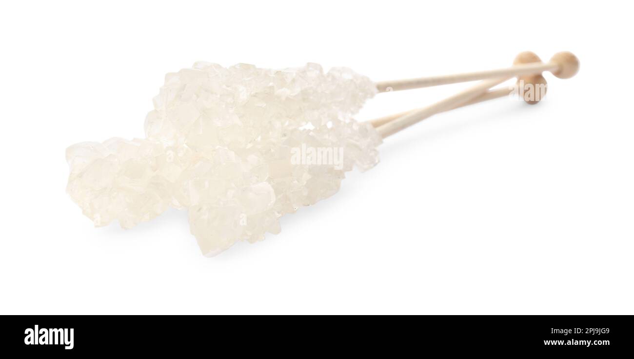 Tsaty Rocks Wooden sticks with sugar crystals isolated on white. Tasty rock candies ...