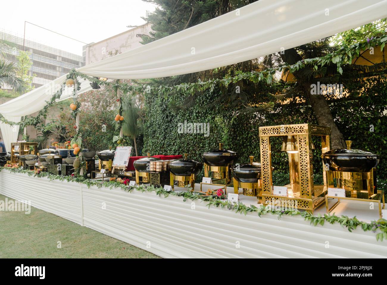 An outdoor buffet featuring a variety of vibrant colored dishes set up ...