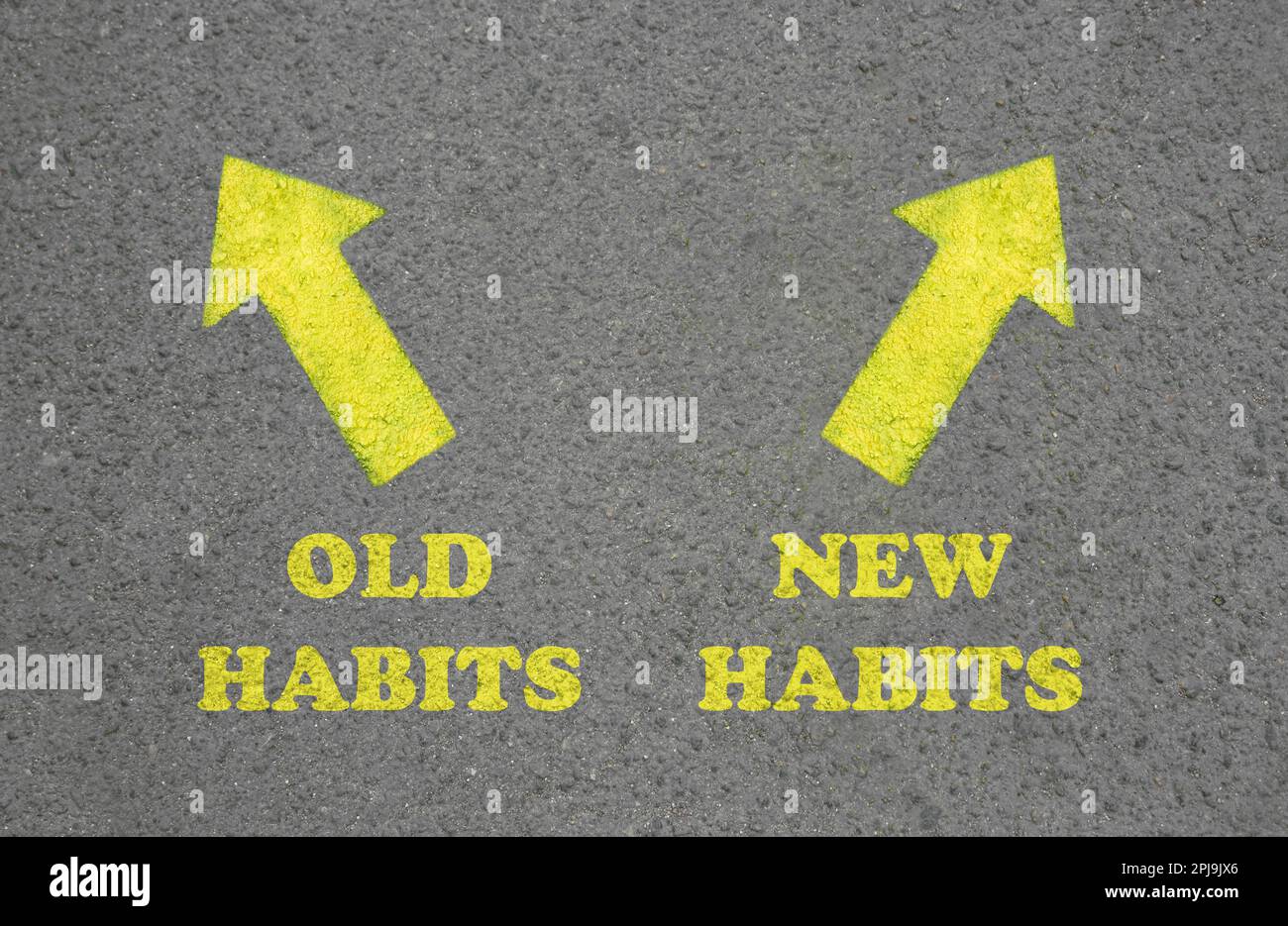 Arrows with two opposite directions to Old and New Habits on asphalt
