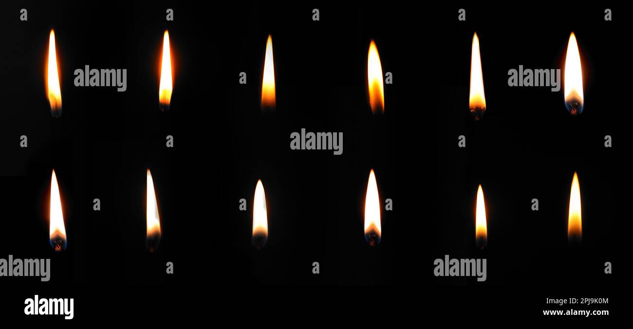Collection of different candle flames on black background. Banner
