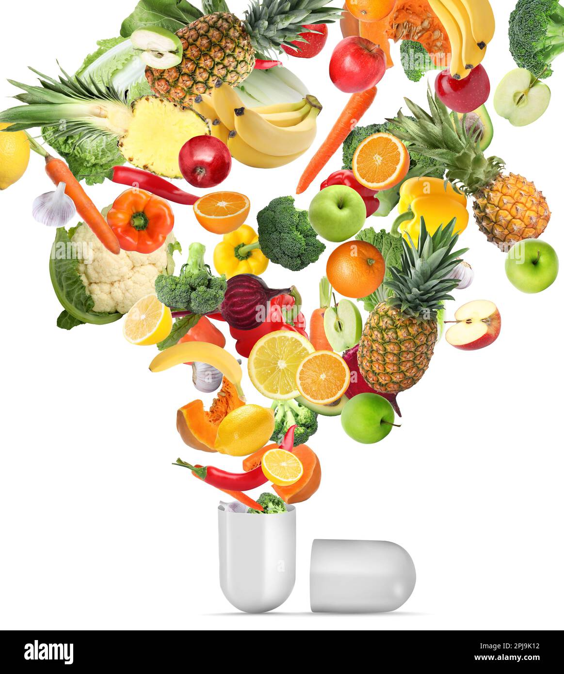 Dietary supplements. Capsule and different fresh vegetables and fruits