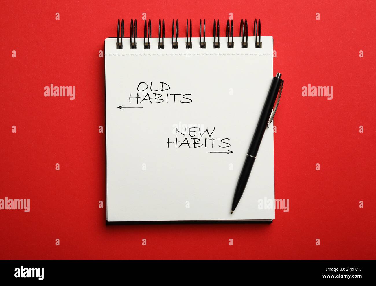Notebook with two opposite directions to Old and New Habits on red