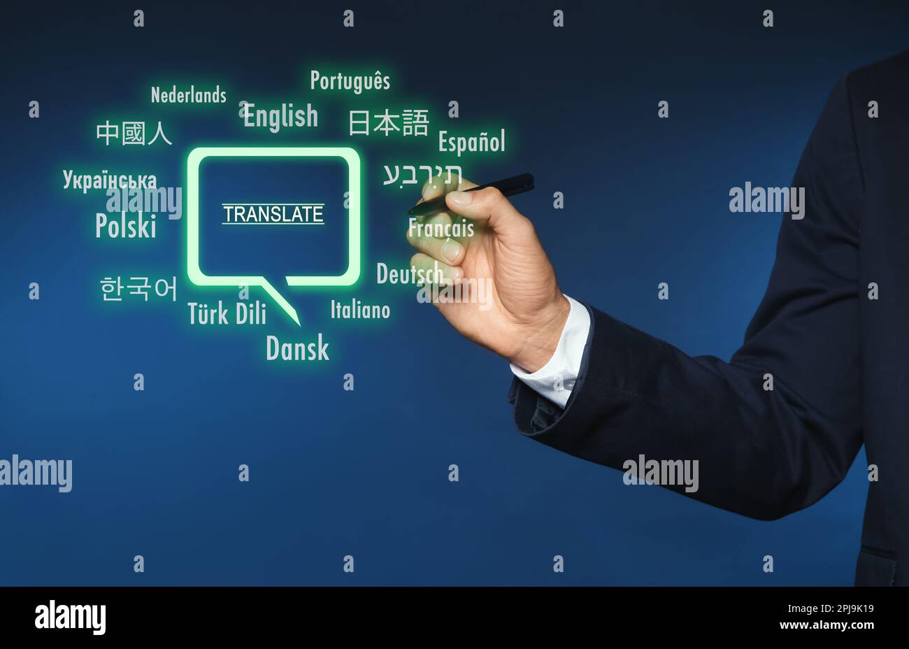 Translator pointing at virtual screen with names of different languages