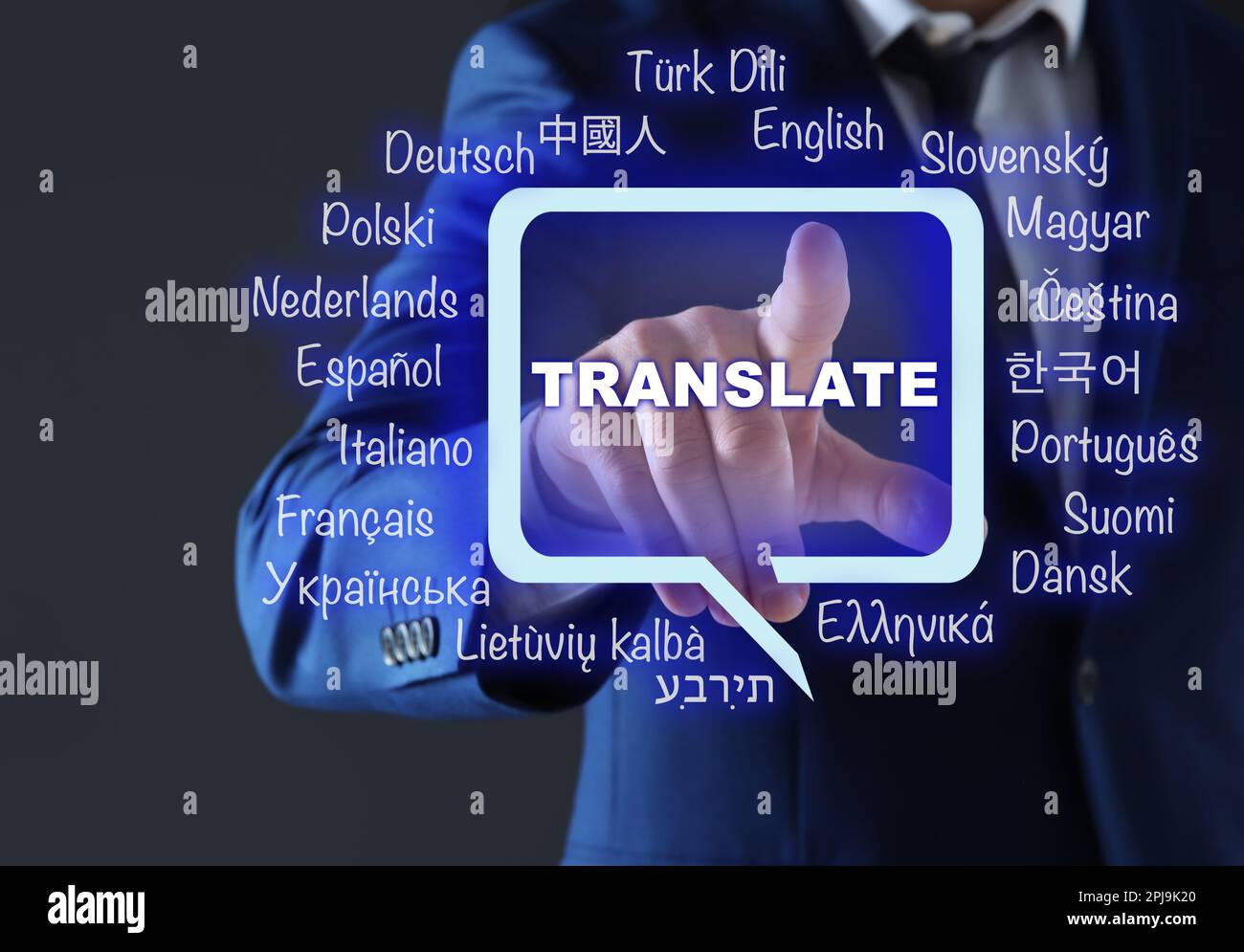 Translator pointing at virtual screen with names of different languages