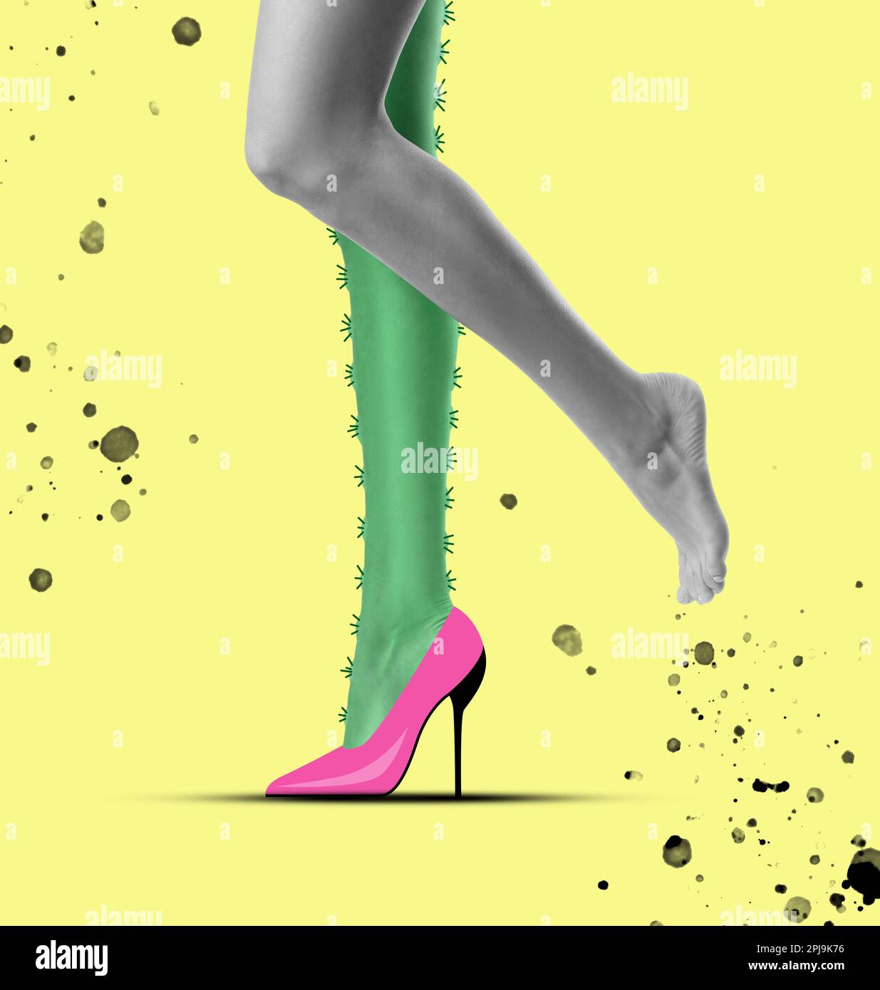 Epilation concept. Young woman with one leg as cactus and other one