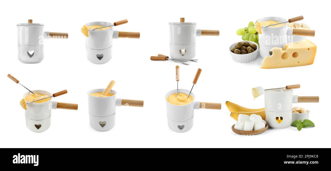 Set with fondue pots with cheese on white background. Banner design ...