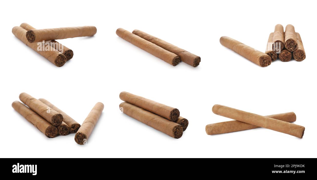 Set of cigars wrapped in tobacco leaves on white background. Banner