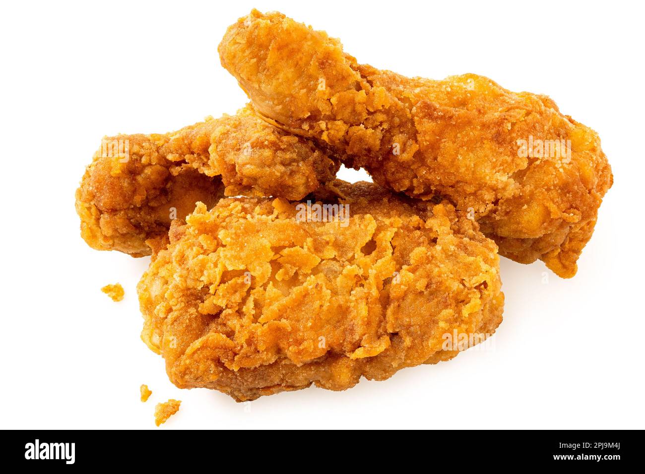 Crispy fried chicken pieces, drumstick, wing and thigh, isolated on