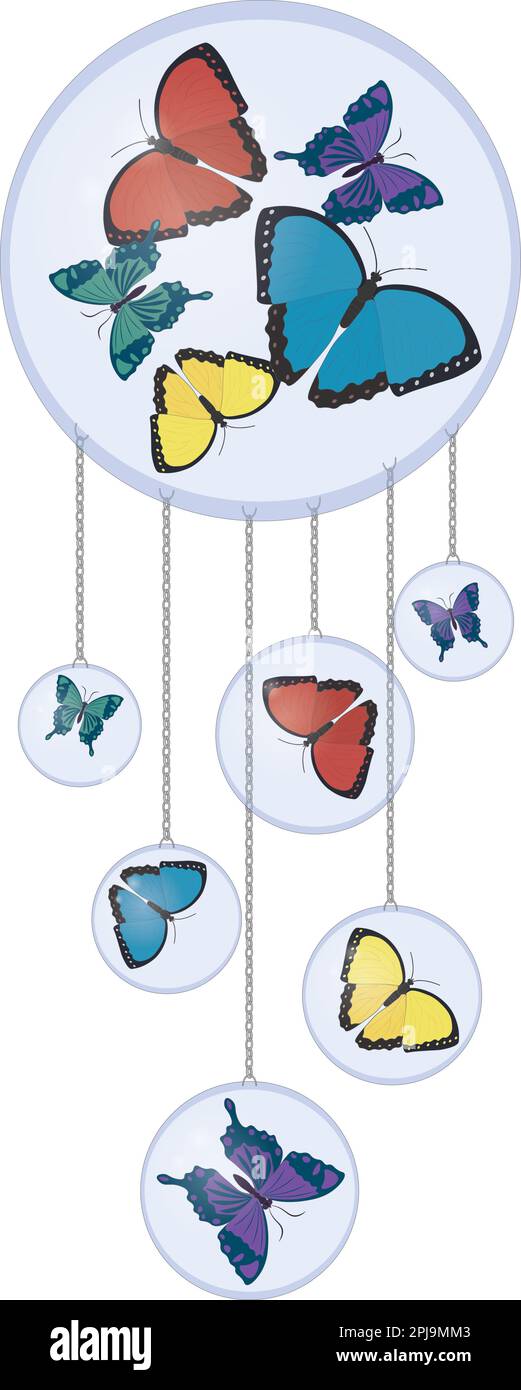 Glass balloons with bright colorful butterflies art composition vector illustration Stock Vector