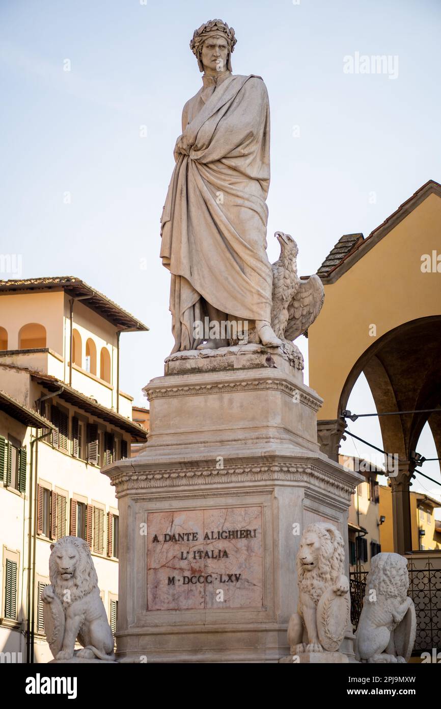 Statue of Dante Alighieri by Enrico Pazzi outside the Basilica of Santa Croce in Florence Stock Photo