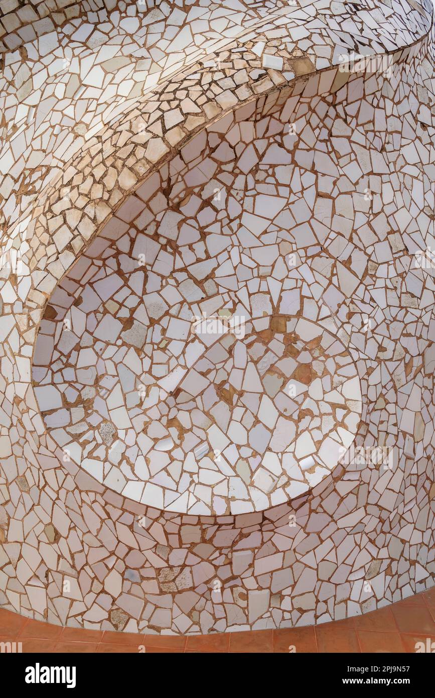 Helical-shaped details in the trencadís of one of the skylights/staircases on the rooftop terrace of Casa Milà - La Pedrera. Barcelona Catalonia Spain Stock Photo