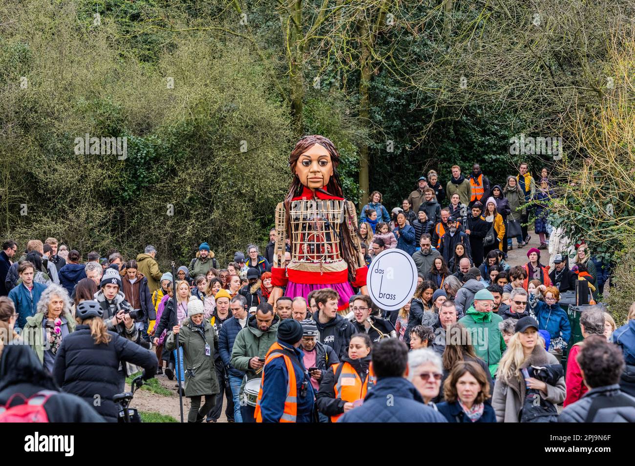 London, UK. 1st Apr, 2023. Little Amal leads a Sponsored Walk through ...