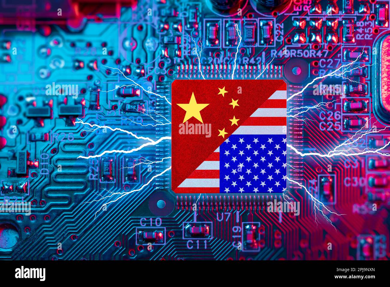 Flag USA and China on Computer CPU. Chip War Crisis, Global semiconductor technology factory fighting supply battle over chips manufacturing USA and C Stock Photo