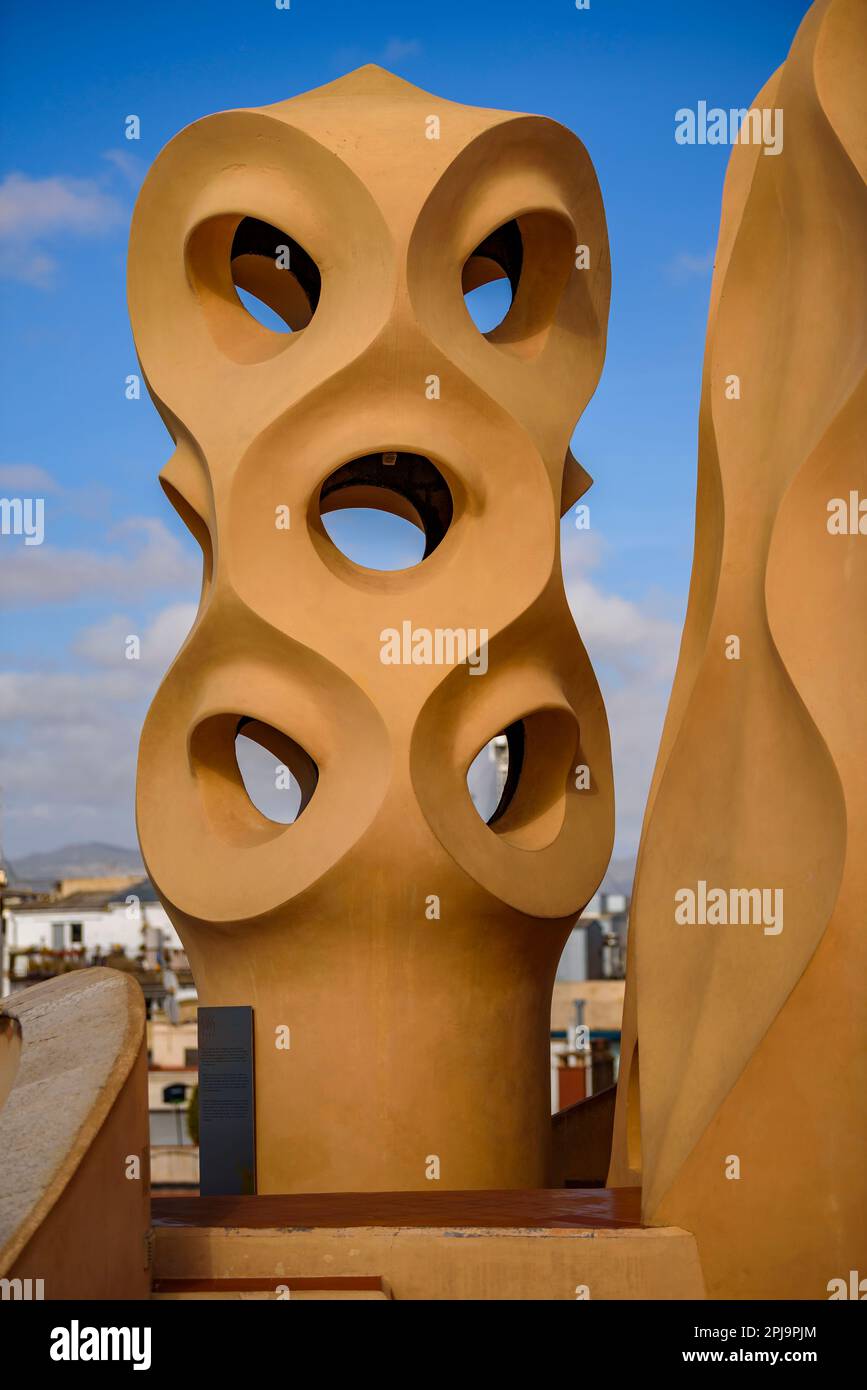 Ventilation tower of the rooftop terrace of Casa Milà - La Pedrera designed by Antoni Gaudí (Barcelona, Catalonia, Spain) ESP: Torre de ventilación Stock Photo