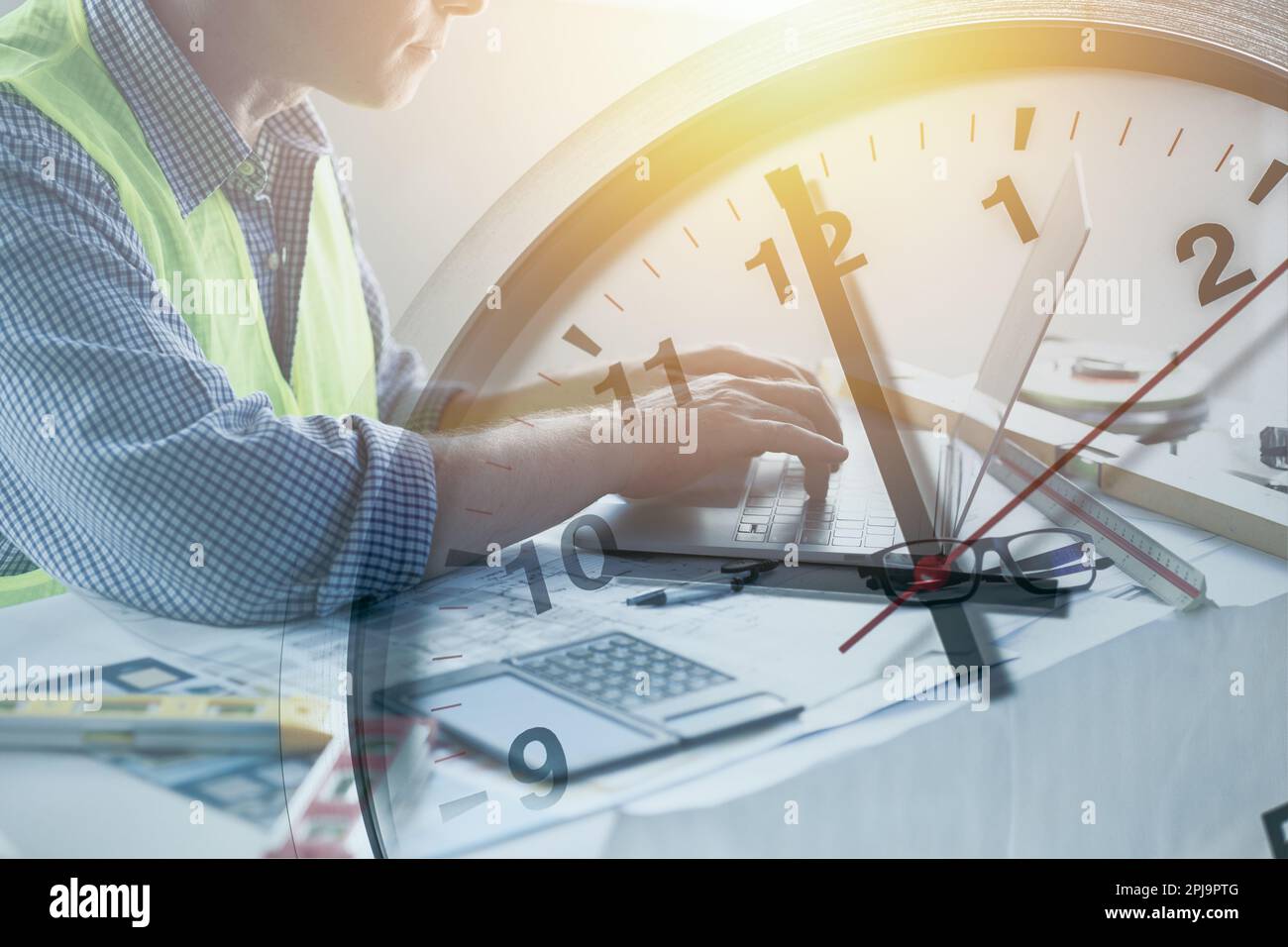 Engineer builder busy overlay times clock for working hours work compete with building timeline or project time frame. Stock Photo