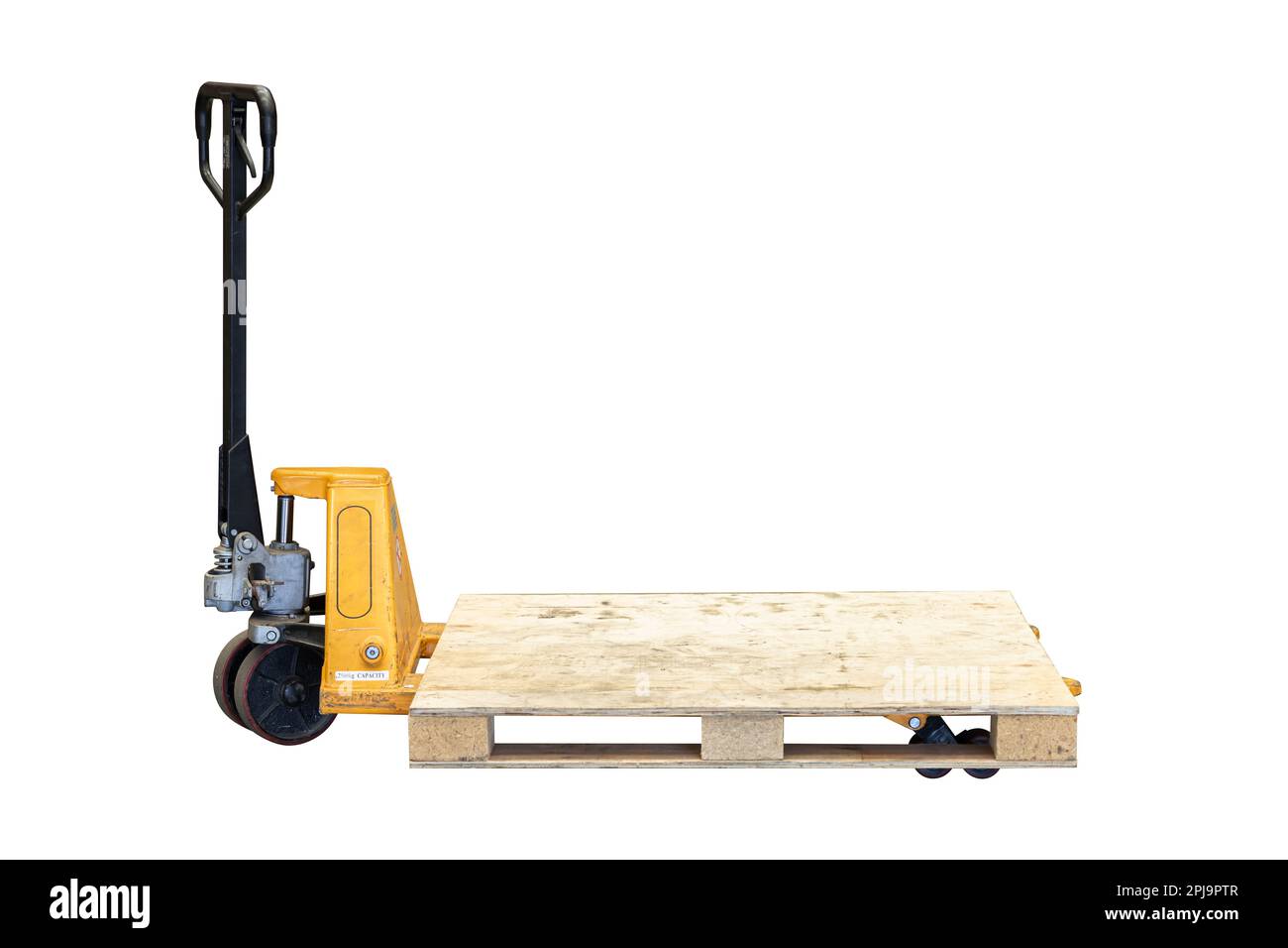 Hand Pallet Truck Manual Pallet Lifting Cargo Move Tool isolated on white background Stock Photo
