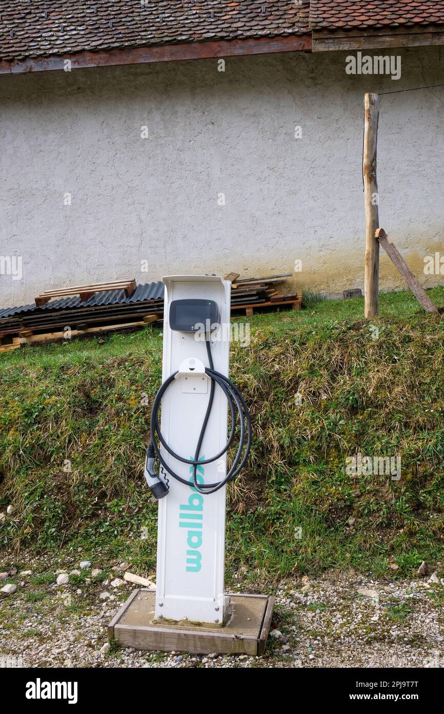 Electric powered cars charger, private carpark of a touristic lodge, SaintPierre de Chartreuse