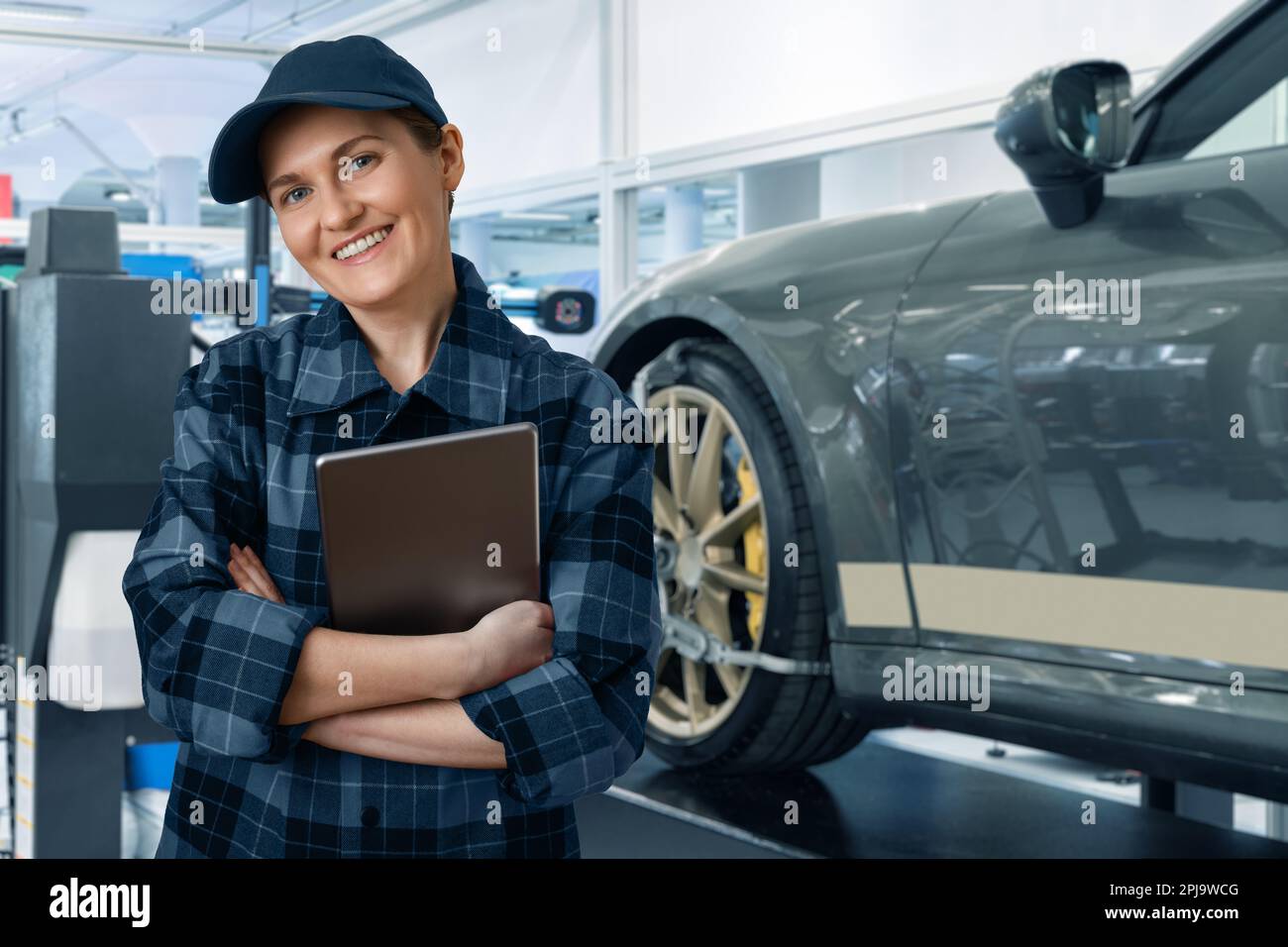 Wheel alignment in car service Stock Photo