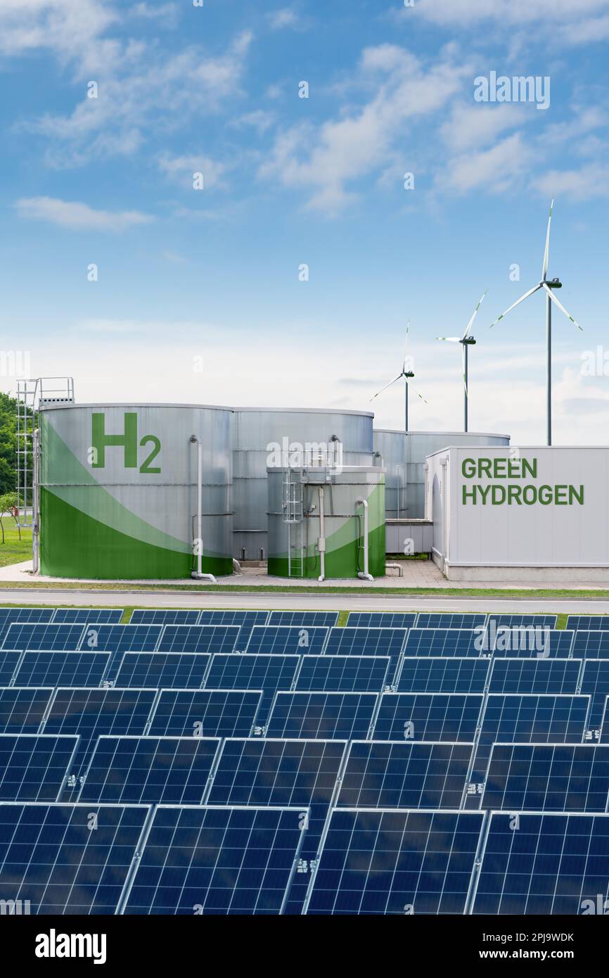 Green hydrogen factory concept. Hydrogen production from renewable