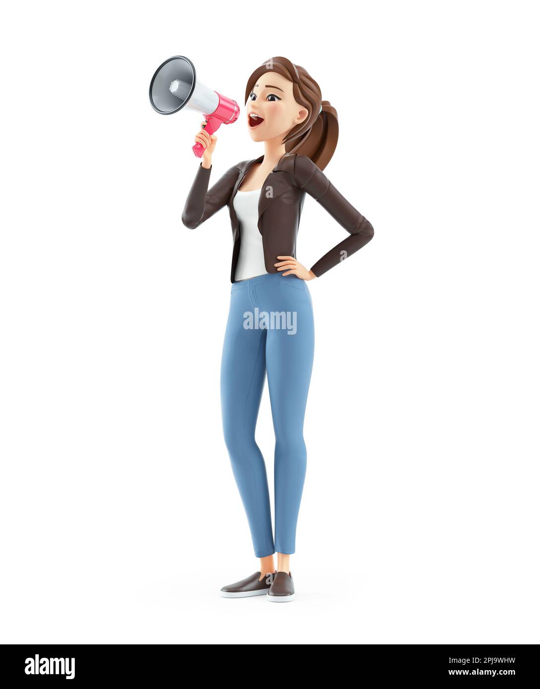 3d cartoon woman making an announcement with megaphone, illustration