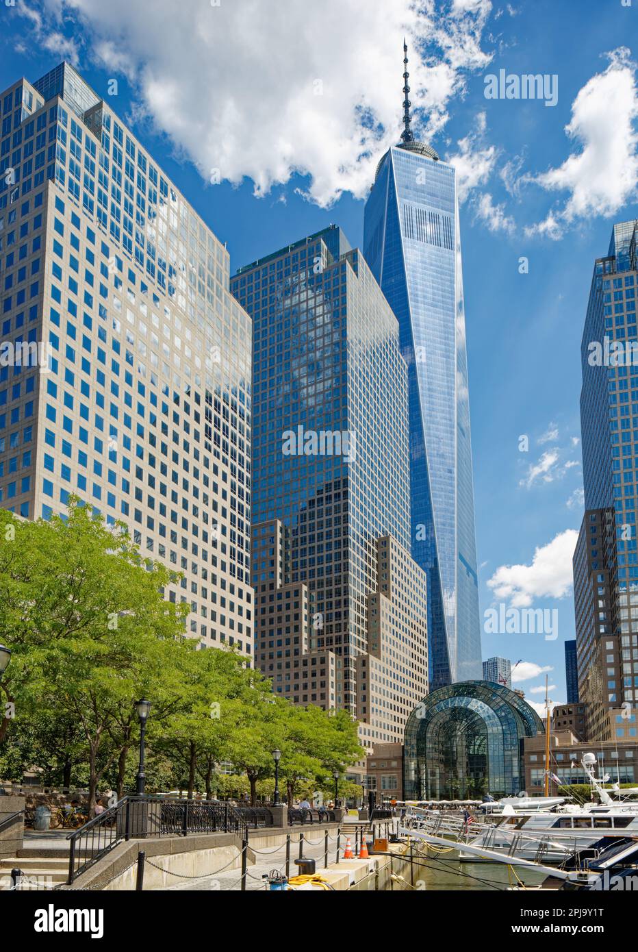 One World Trade Center towers over the buildings of Brookfield Place and World Financial Center in Manhattan’s Battery Park City. Stock Photo
