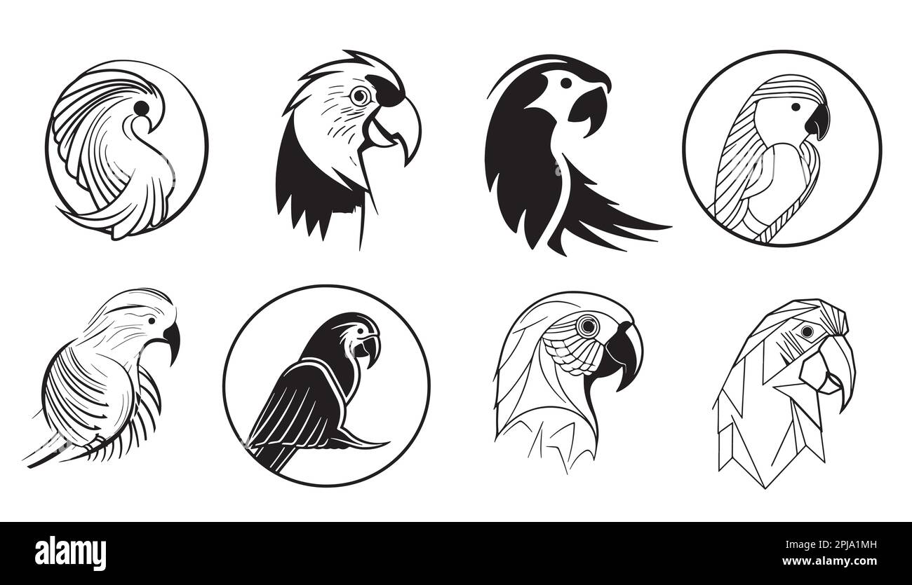 Parrot set logo hand drawn sketch illustration Stock Vector
