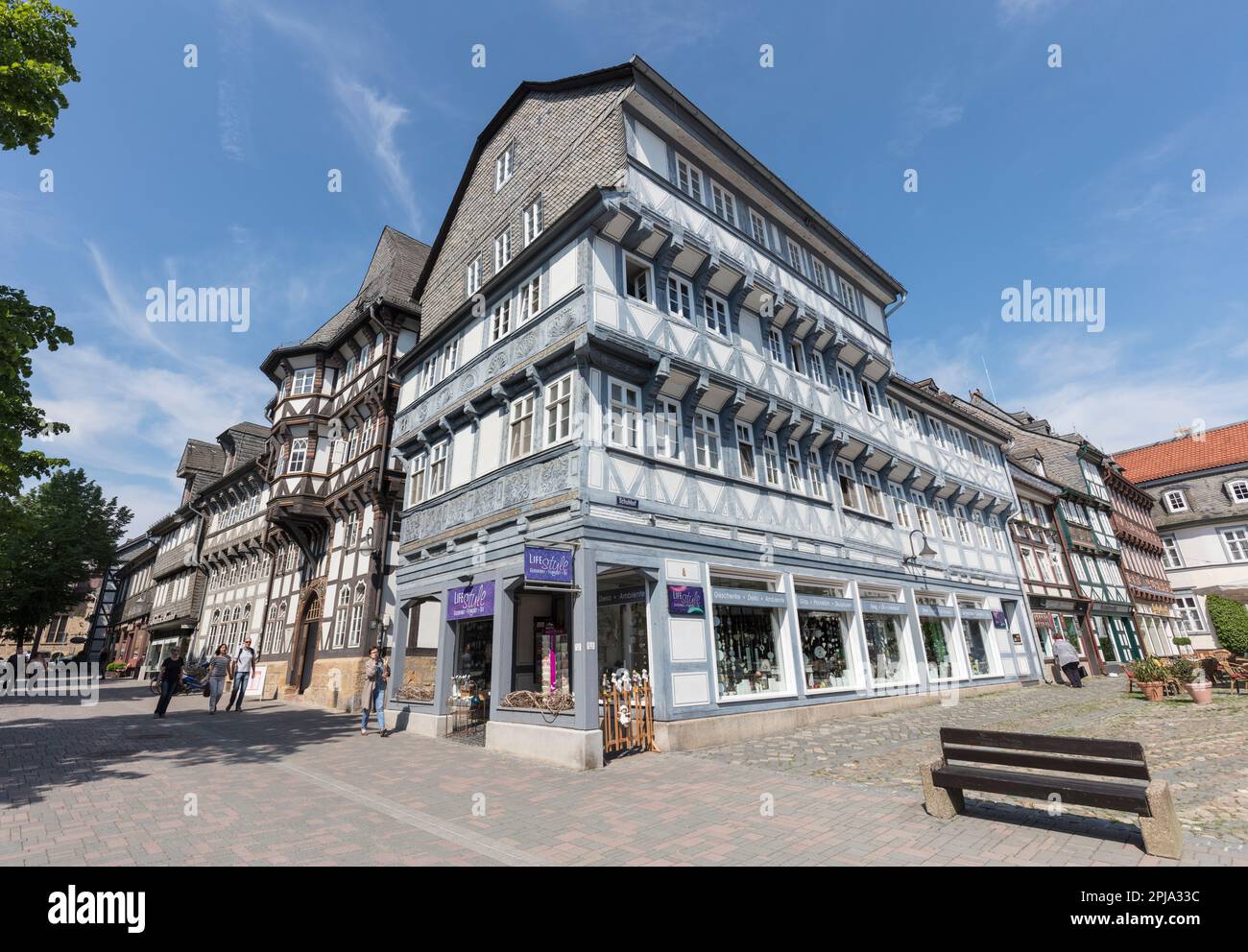 Historic medieval half timbered buildings, shops and cafes in Schuhhof
