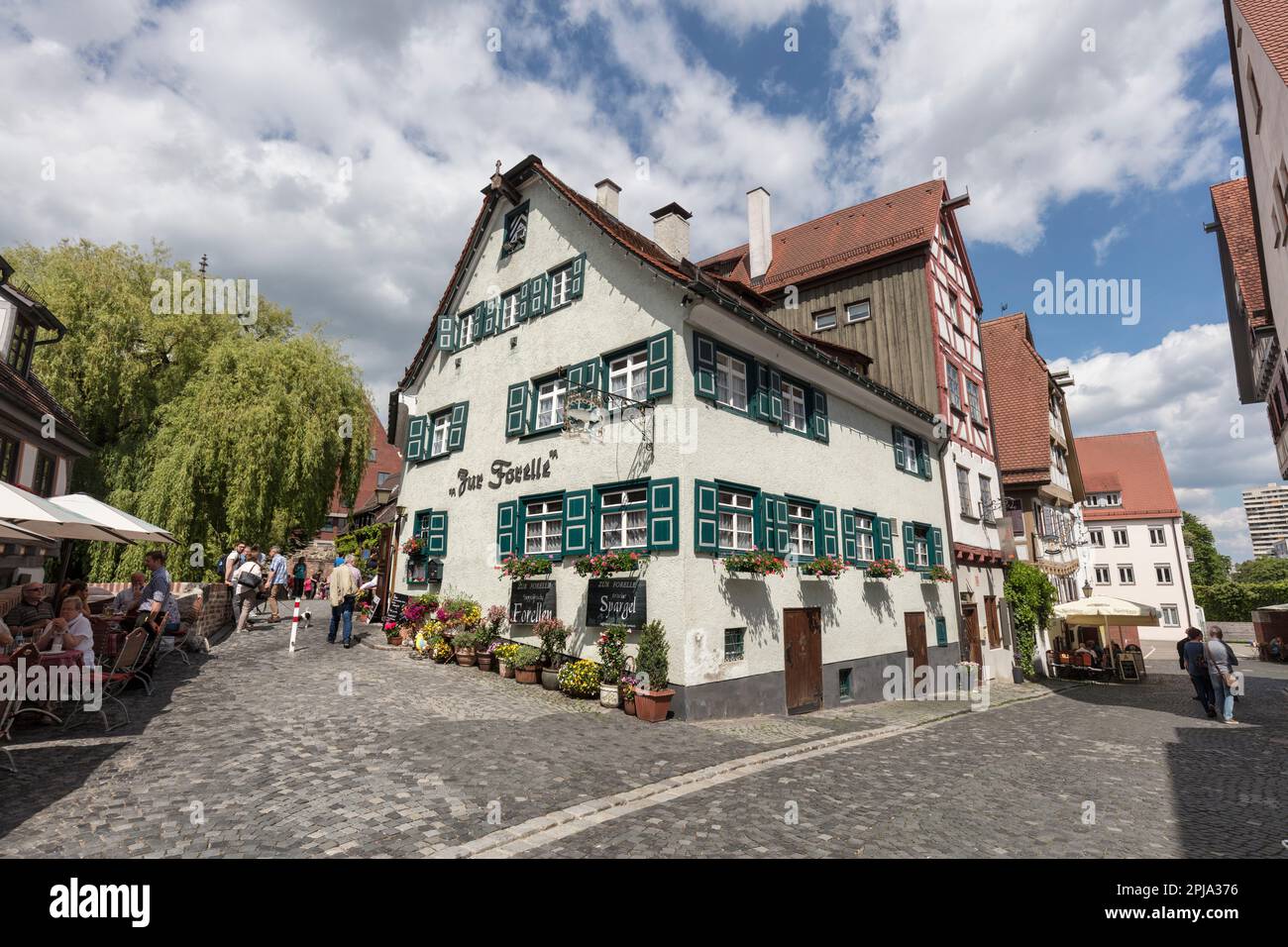Historic half timbered Haus der Forelle restaurant Fischergasse Fishermen's and Danube quarter - Fischer-Donauviertel by Blau river, Old Town, Ulm. Stock Photo