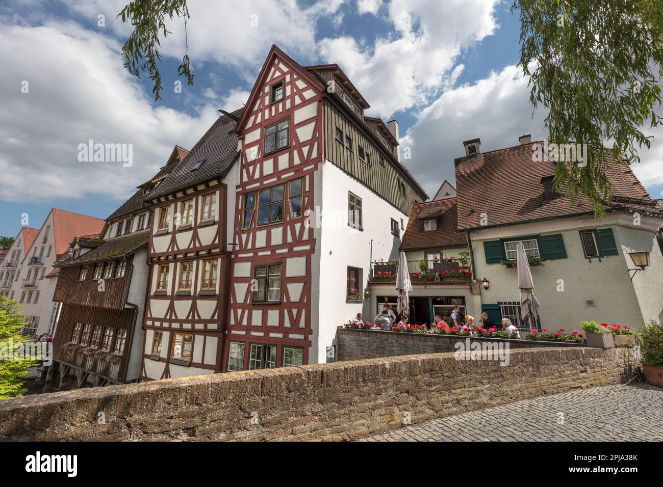 Half timbered (r-i) Haus der Forelle, Schmales Haus, Wohn Haus Fishermen's and Danube quarter - Fischer-Donauviertel by Blau river, Old Town, Ulm. Stock Photo
