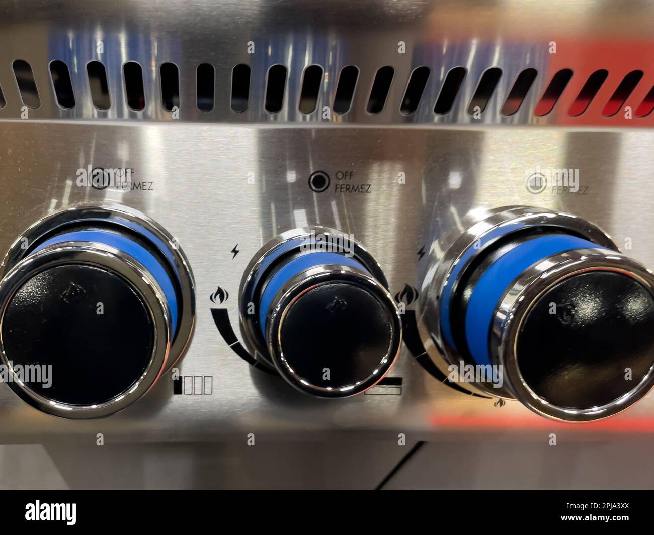 Stainless steel gas grill controls. Modern gas grill. Close-up Stock ...