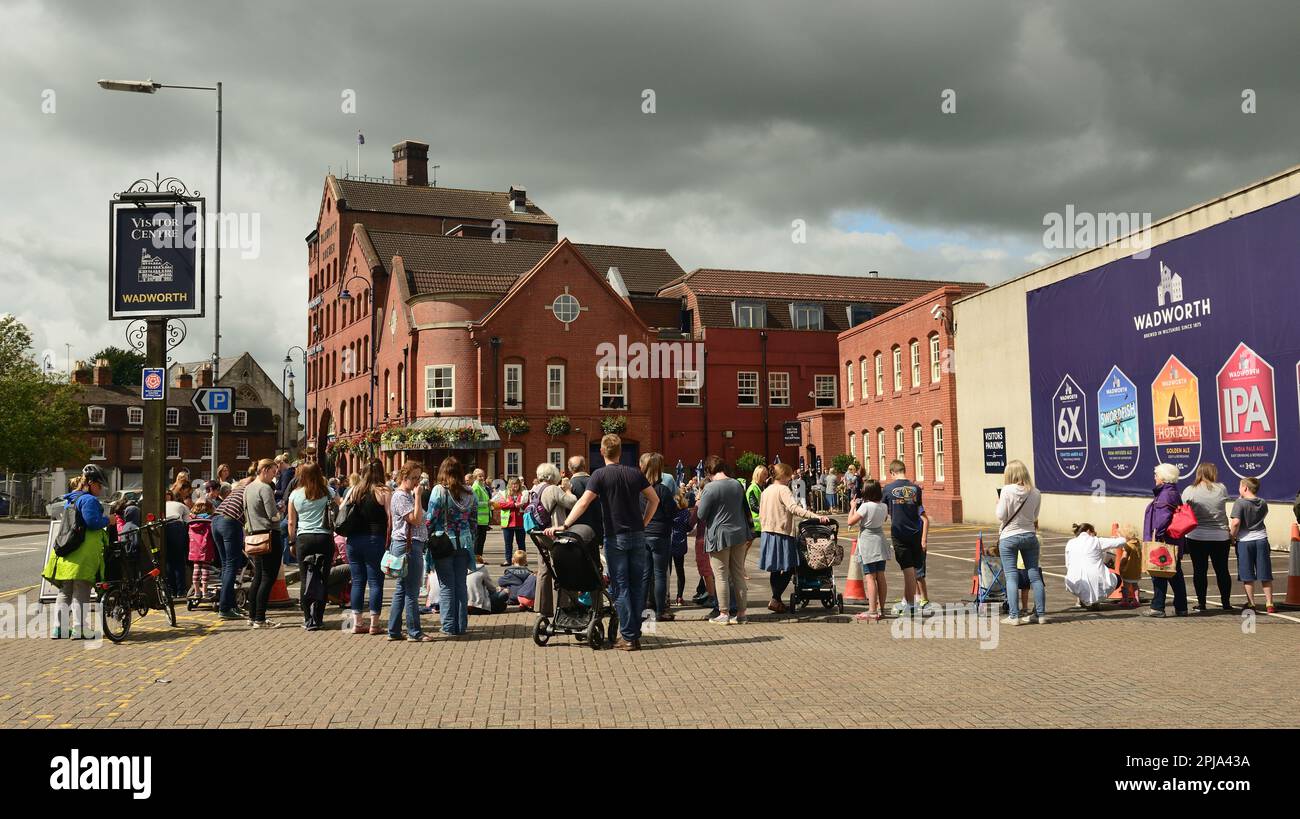 People waiting outside Wadworth's Northgate brewery/visitor centre in