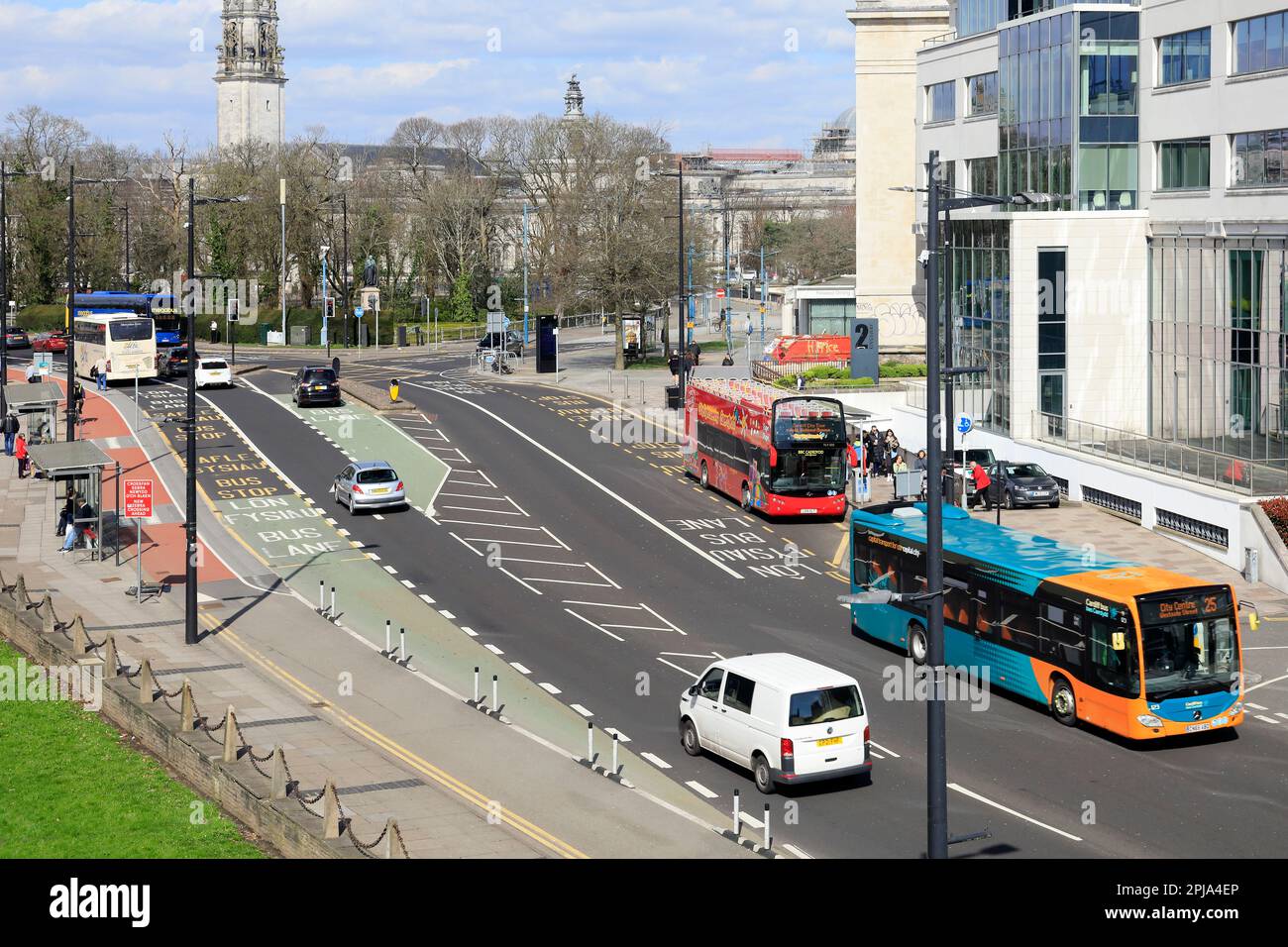 Kingsway, Cardiff. Street scene with traffic markings and bus lanes