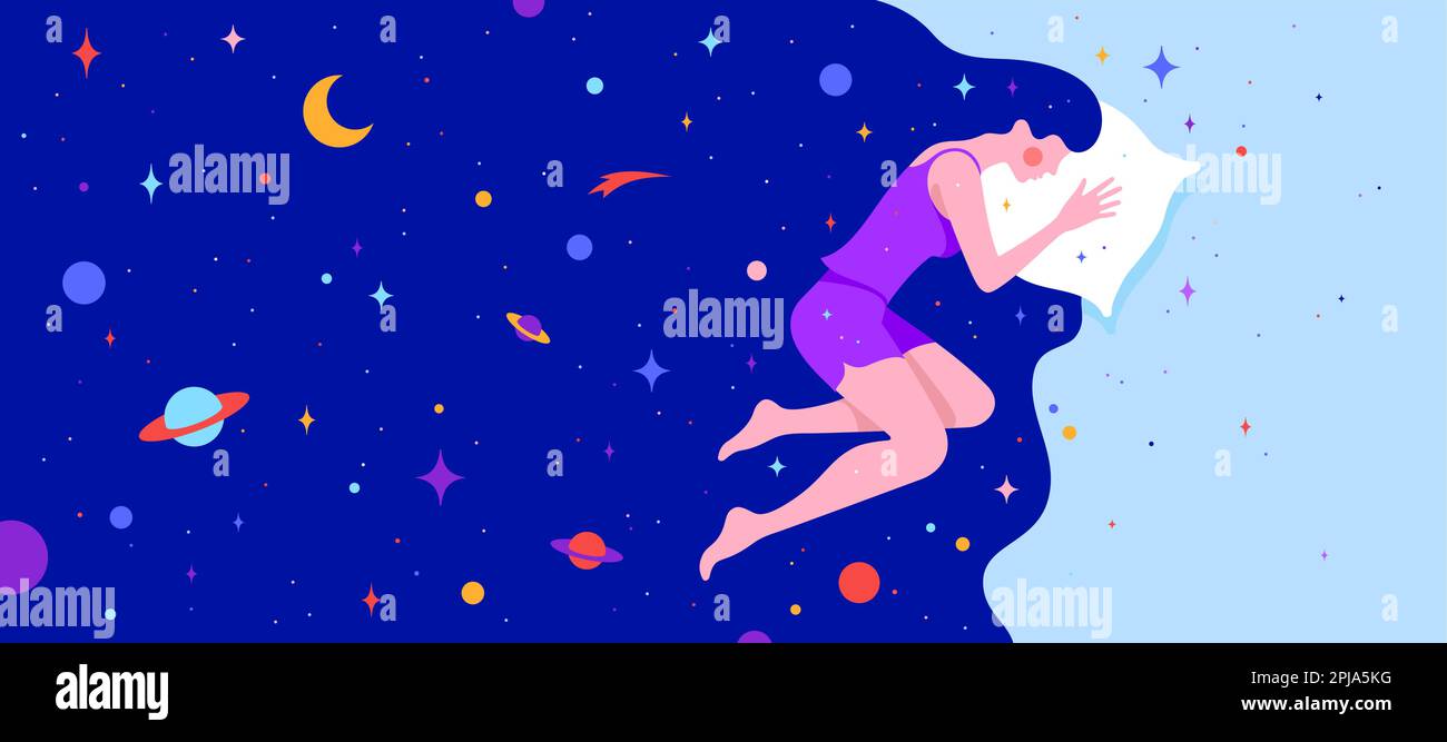 Woman with dream universe. Simple character of woman sleeping in bed ...